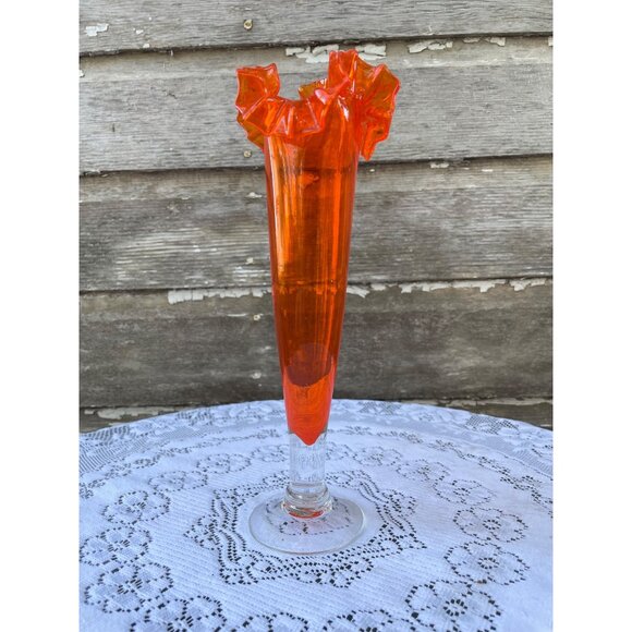 Vintage MCM Orange/Clear Ruffled Art Glass Pedestal Vase - Picture 9 of 10